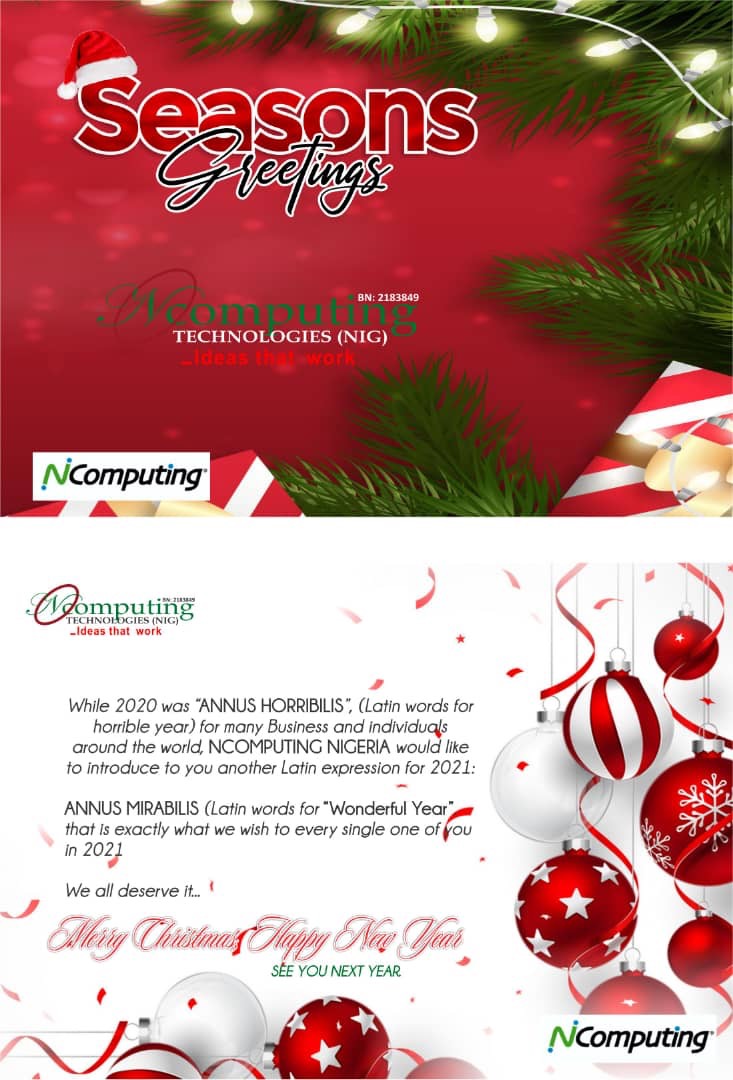 Ncomputing_Ng's tweet image. NCOMPUTING 🇳🇬

Ncomputing Nigeria would like to introduce to you a Latin expression for 2021: 
&quot;Annus mirabilis&quot; That means &quot;wonderful year&quot;.
That’s our wish to every one of you for 2021. We all deserve it.

Merry Christmas, happy new year and see you next year!