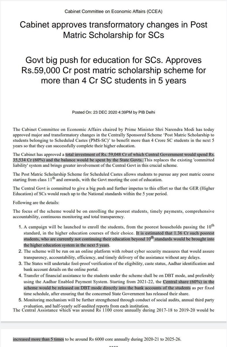 blsanthosh's tweet photo. In line with its policy of Sab ka saath , Sab ka vikas PM @narendramodi Govt approves a scholarship plan of ₹59K Cr which will benefit 4 Cr SC students over a period of 5 years . Big Big move towards inclusive development . Thank You @TCGEHLOT https://t.co/WwbYG9VdTo