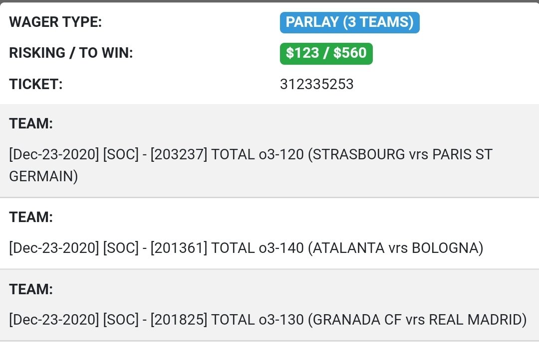 Sharp_Stacks's tweet image. Wednesday #soccer parlay
Simple overs parlay, cheer for goals.
Let's get some Xmas bonuses! #gamblingtwitter #picks #bets #parlays #goals #overs #football #Futbol #footy #goals #PSG #atalanta #RealMadrid