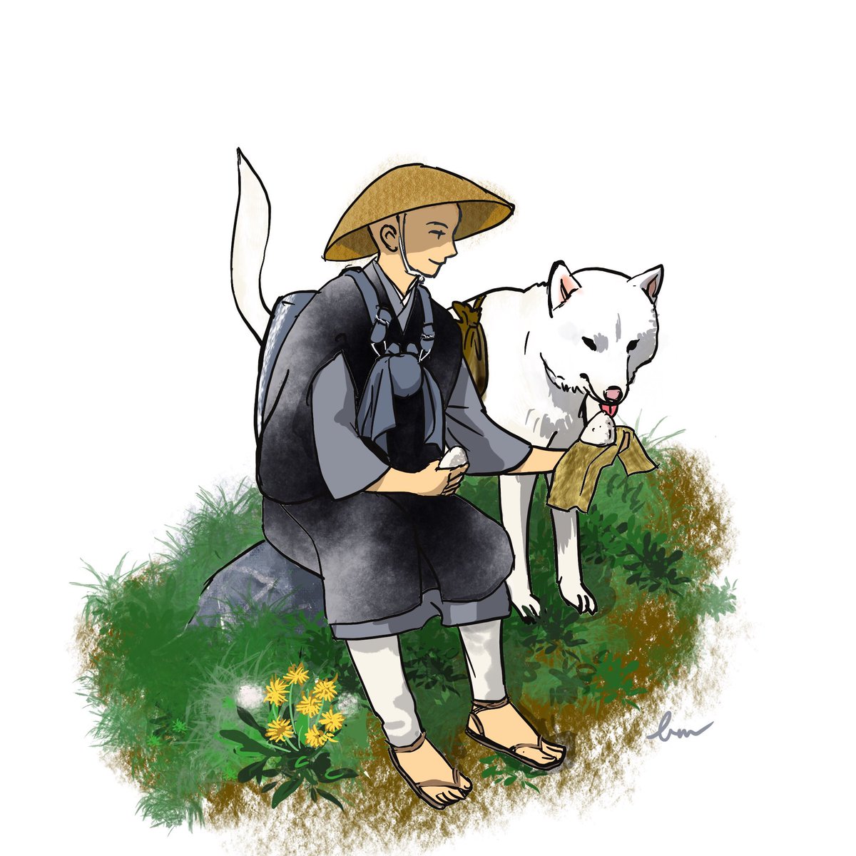 びん吉 犬ばかり描いてきたので人間を描いてたら犬の描き方を忘れてきたので妥協して犬が出てくる話の絵にしました 江戸の雲水って検索したらこんなんですけど しっぺい太郎 と 雲水 Procreate プロクリエイト 犬