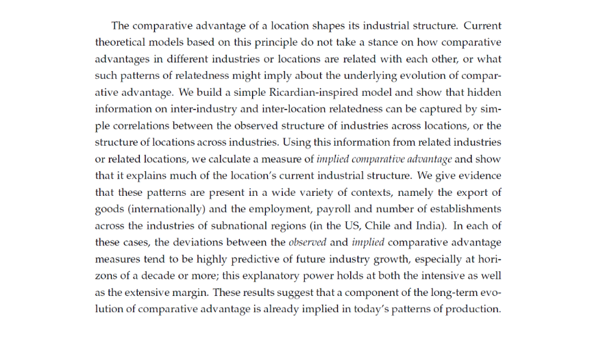 The Product Space revisited:  @ricardo_hausman, Dan Stock & Muhammed Yildirim construct a Ricardian model to explain why growth of  #exports in countries (or of industries in cities) can be predicted from product and country spaces.  https://www.hks.harvard.edu/publications/implied-comparative-advantage (10/22)