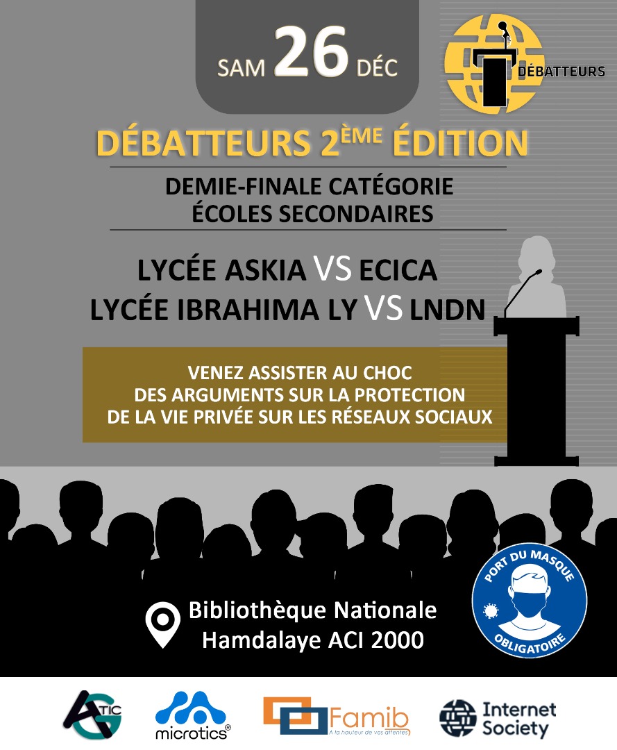 cactic_mali's tweet photo. La demi-finale du projet #DEBATEUR organisé par ISOC Mali est prévue pour ce Samedi 26 décembre 2020.
#CACTIC
#ISOC_Mali
#AGETIC
@agetic_officiel @isocml @trawore @fatoumatatang4 https://t.co/m11mK4ndy0