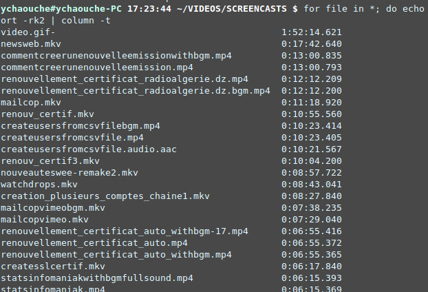 ychaouche's tweet image. for file in *; do echo -n "$file "; if output=$(ffprobe -v error -show_format_entry duration -sexagesimal "$file" 2>/dev/null); then echo ${output%???}; else echo "???"; fi; done | sort -rk2 | column -t
Sort your video files by duration instead of size
@climagic