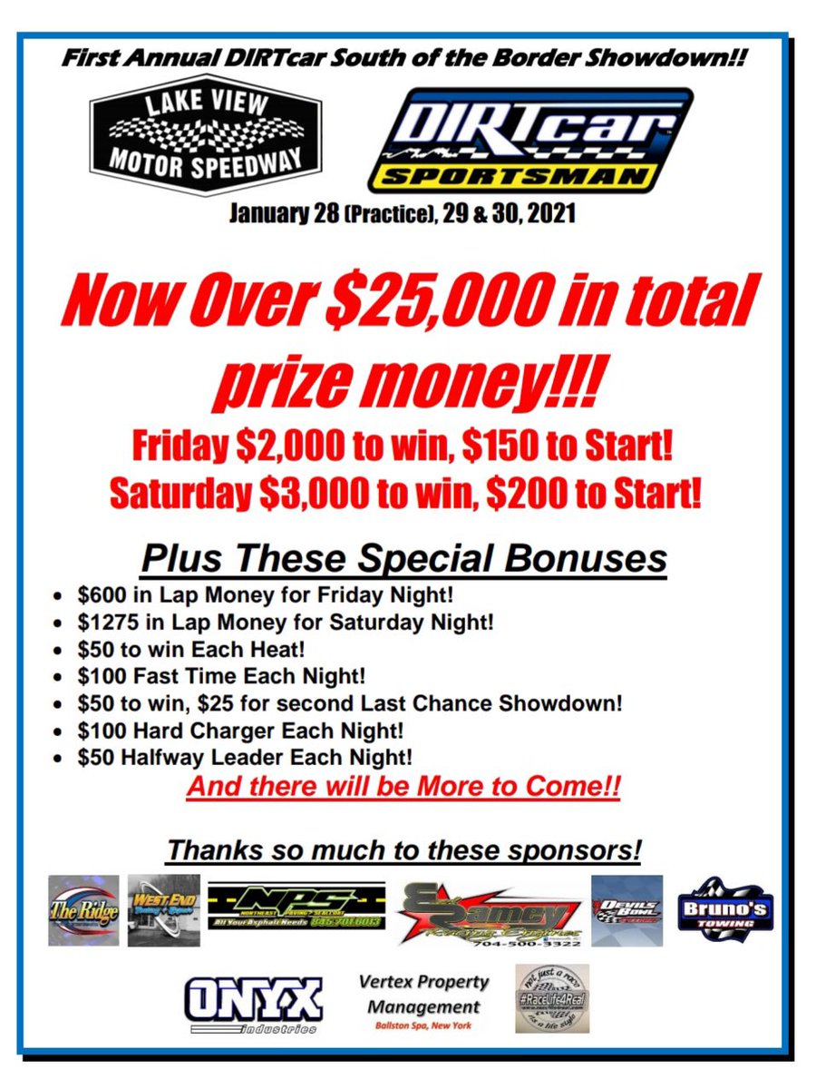 DIRTcarNE's tweet photo. #SportsmanMods | 💰More money rolling in for the DIRTcar Sportsman Modified event at @LakeViewDirt January 28-30! 🏆 https://t.co/zz9F9ok3R4