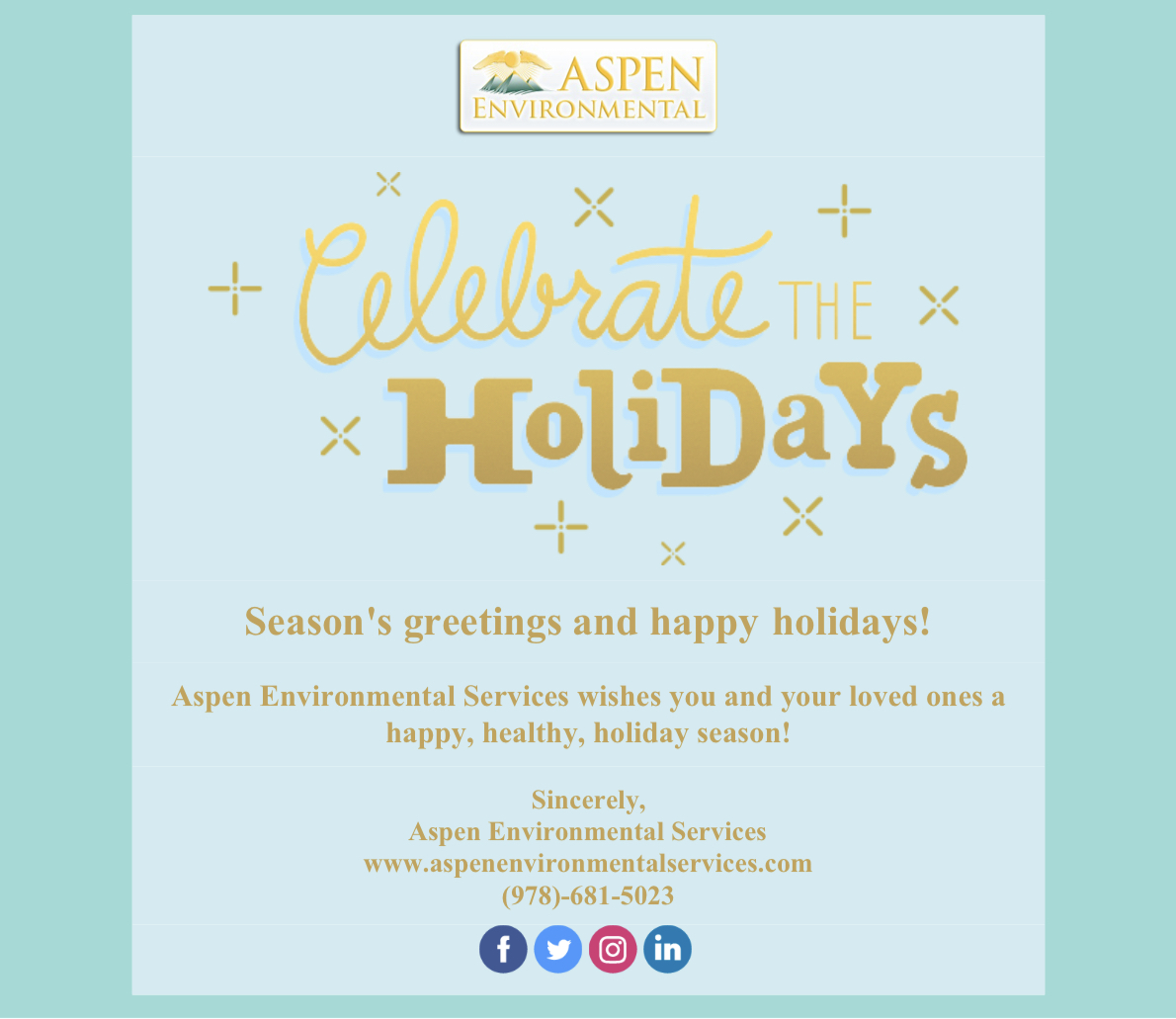 Happy Holidays from all of us at Aspen Environmental!
Celebrate the joy with loved ones and count on us for any of your remediation needs.
Call us: (978)-681- 5023
https://t.co/54m9nE0kKG
#Holiday #Holidays #Christmas #Hannukah #Mold #Season #Greetings #Celebrate #AspenEnviro https://t.co/C8fo5ME0UY