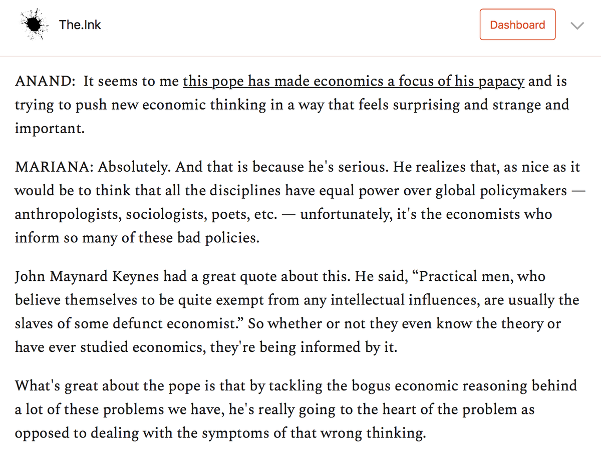 I asked  @MazzucatoM what it's like to be the pope's fave -- and why she thinks he has made the reform of economic dogmas so central to his papacy.Because, she said, he understands where the power is. https://the.ink/p/austerity 