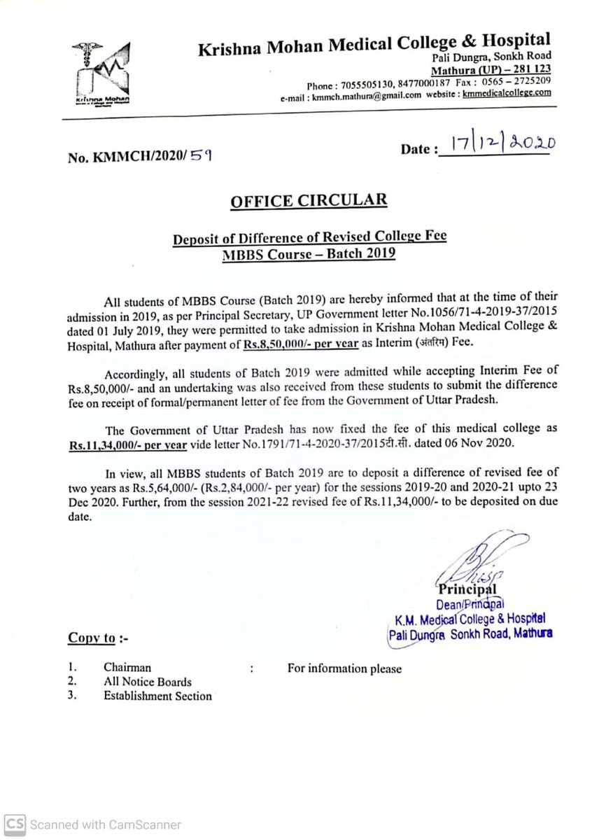 navincgiri's tweet photo. KMMCH repeatedly harassing 2019 students to pay hiked sum applicable only for 2020-21 students. Request intervention.
UP Govt letter 1791/71-4-2020-37/2015
#kmmch #kmmedicalcollege #illegalfeehike #illegalfeekmmedicalcollege 
@myogiadityanath @drharshvardhan @dgme @narendramodi https://t.co/mvasItuW3T