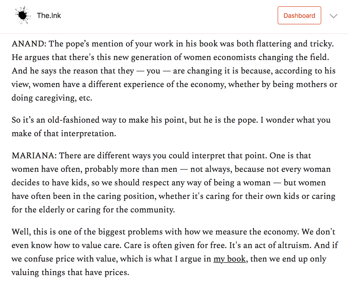 I asked her about the pope's claim that women are changing economic thinking because of their experience of caregiving -- is that true, or sexist, or both? @MazzucatoM sorted it out. https://the.ink/p/austerity&nbsp;