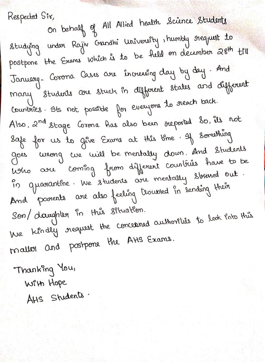 NeenaTomy1's tweet photo. On behalf of all Allied health science students Its a humble request to postpone AHS exams under Rajiv Gandhi university in this pandemic situation.@myogiadityanath @RGU1984 @BSYBJP @RahulGandhi @nimmasuresh @narendramodi https://t.co/SfHF3TzcS8