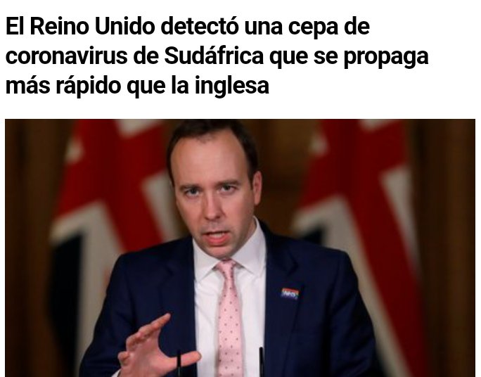 oswaldosaldivia's tweet photo. El Reino Unido detectó la cepa de #covid19 de Sudáfrica en su territorio y asegura que se propaga aún más rápido que la inglesa

El secretario de Salud anunció “restricciones inmediatas” de viajes al país africano y pidió que quienes hayan estado allí se aíslen inmediatamente https://t.co/IV4Euc0I6z