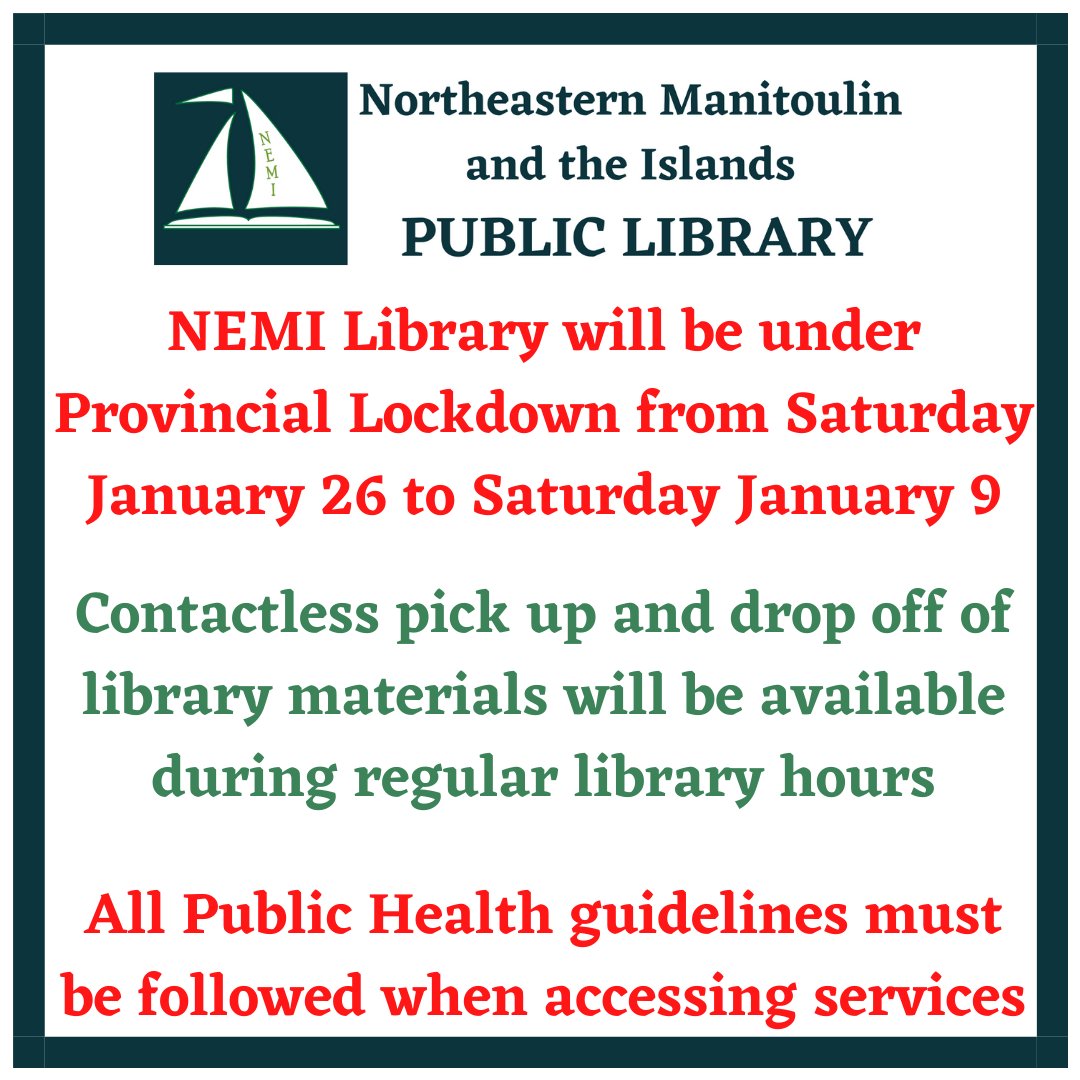 NemiLibrary's tweet image. Here's what you need to know about the lockdown and the library.  Questions?  Call (705-368-2444), email (nemilib@vianet.ca) or message us.  We are here for you.