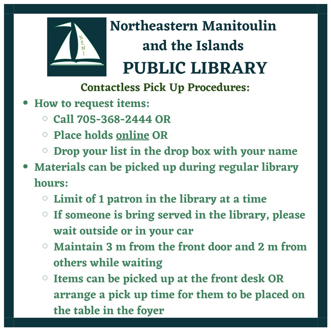 NemiLibrary's tweet image. Here's what you need to know about the lockdown and the library.  Questions?  Call (705-368-2444), email (nemilib@vianet.ca) or message us.  We are here for you.
