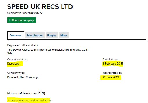 Now there is another company with similar name. it’s name was SPEED UK RECS LTDIncorporated on 21 June 2013 and dissolved on 3 February 2015In this company Dinesh had joined on 8 July 2013 and resigned on 20 July 2013!In just 12 days! And yes nature of business not available