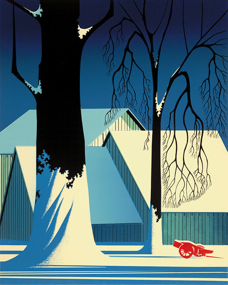 Eyvind Earle, "Turquoise" - from the Winter Barn Suite. Serigraph on Paper. 16 x 20 1983