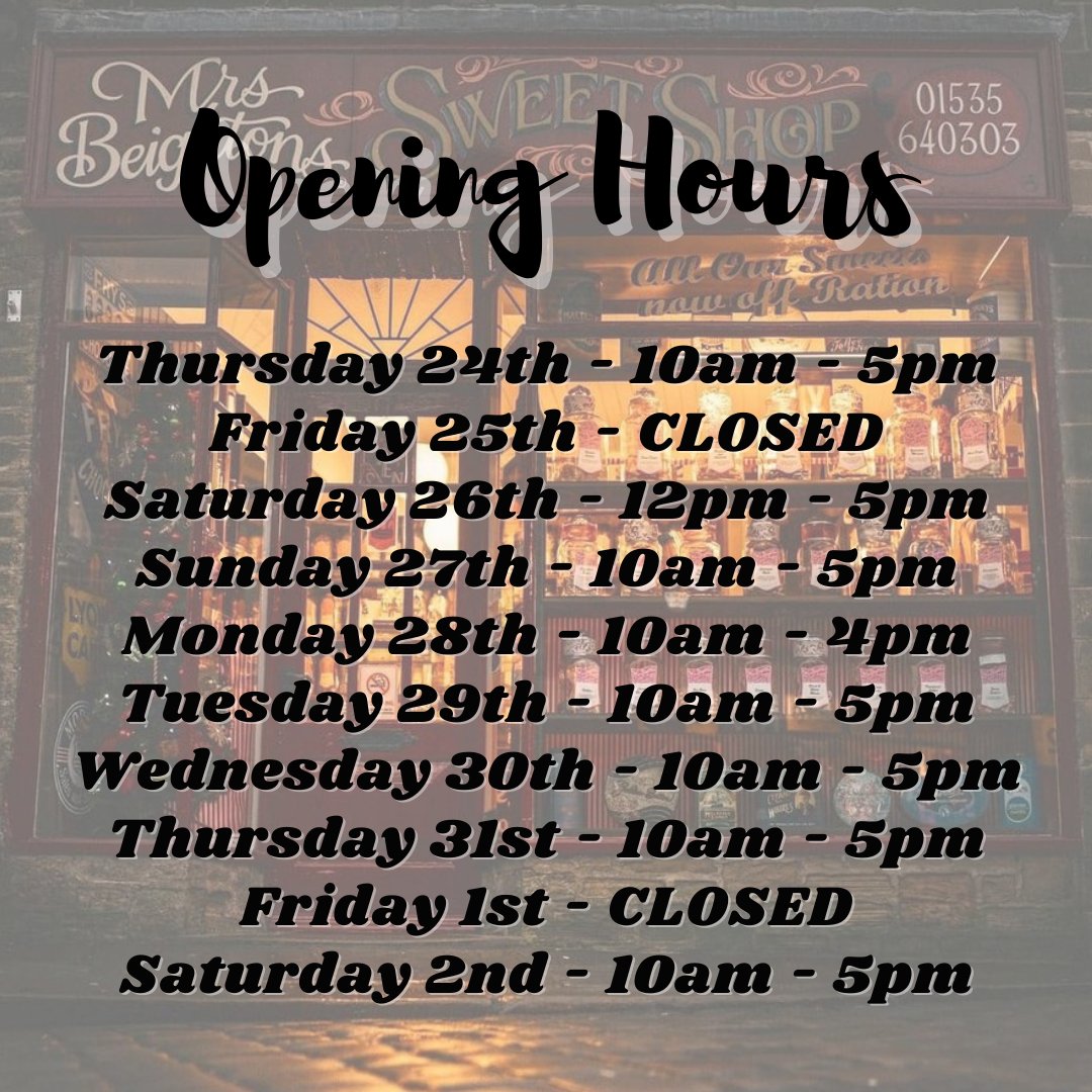 Mrs_Beightons's tweet photo. Here's our opening hours until the New Year. We hope you all have a great Christmas 🎄

- The Team at Mrs Beightons https://t.co/4jtbadQETz