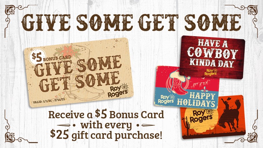 RoysRestaurants's tweet photo. Need a last minute gift? Stocking stuffers? We've got you. Give your loved one a Roy Rogers gift card this year! When you purchase $25, get a $5 bonus card, too! Something for everyone. In stores and online. https://t.co/BZ9lcnsbIq #GiveSome #GetSome https://t.co/rs02MMCww3