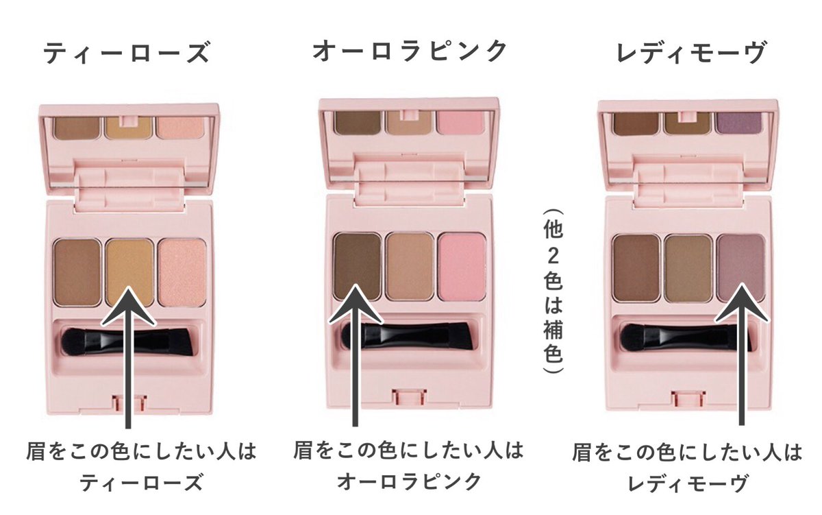 こうさ Whomeeアイブロウパウダーの新色どれも素敵だから悩むんだよね イガリさん曰くティーローズは中央 オーロラピンクは左 レディモーヴは右のカラーがベース色で他2色は補色らしい オーロラピンクは黒髪の垢抜け眉にぴったりだったよ