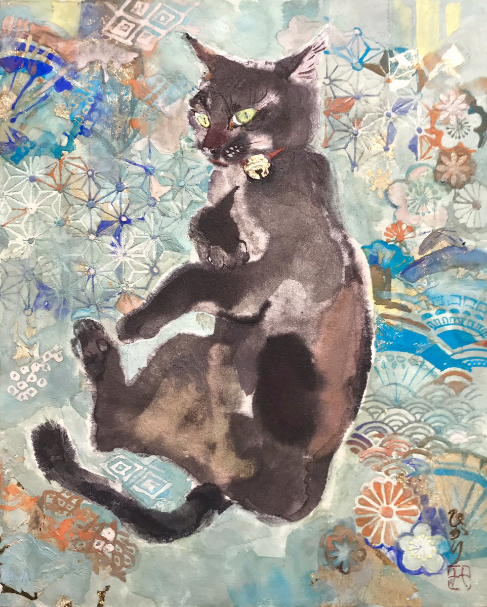 「背景描いたのをみたのは初めてだと言われたので、過去に猫と和柄組み合わせたもの紹介」|ヒカリタケウチのイラスト