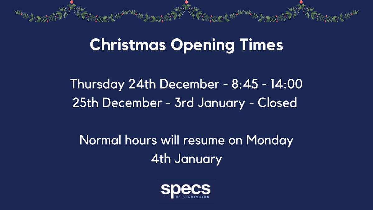 Specsofken's tweet image. Specs of Kensington will be closing at 14:00 tomorrow for Christmas and reopening on Monday 4th January. 

We hope you have a lovely Christmas, however you may be spending it and will see you in the New Year.