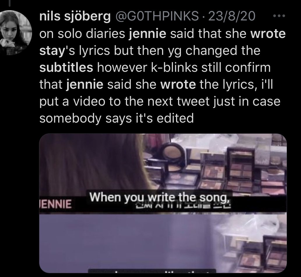 YG discrediting Jennie.They changed the subtitles to make it seem like she never wrote Stay. Also, there were mistakes in the lyric book for The Album and Jennie was not credited as a writer for LSG. The company never acknowledged it and never fixed it even though fans emailed.