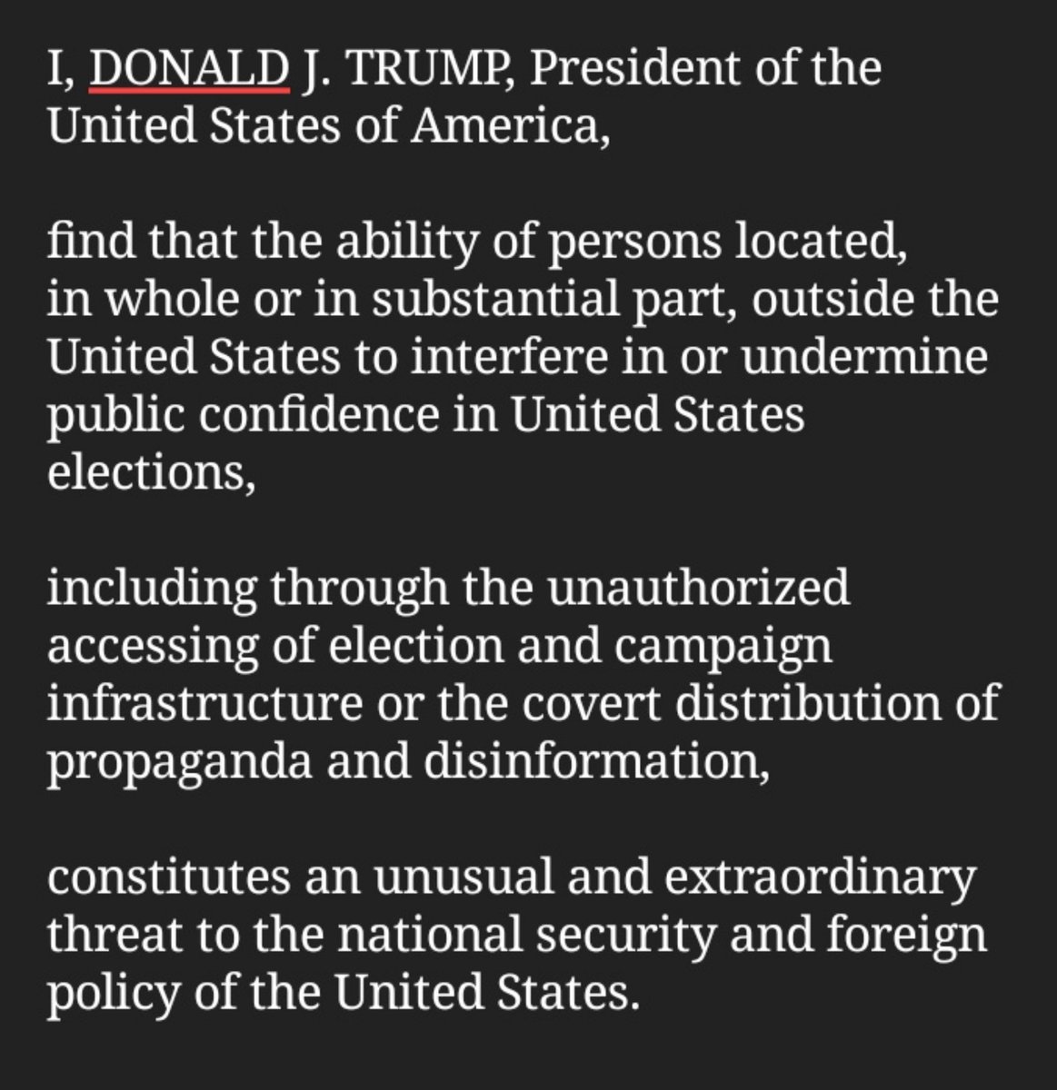 6) The 2018 Executive Order Could be activated at any time:Executive Order on Imposing Certain Sanctions in the Event of Foreign Interference in a United States ElectionIssued on: September 12, 2018 https://www.whitehouse.gov/presidential-actions/executive-order-imposing-certain-sanctions-event-foreign-interference-united-states-election/