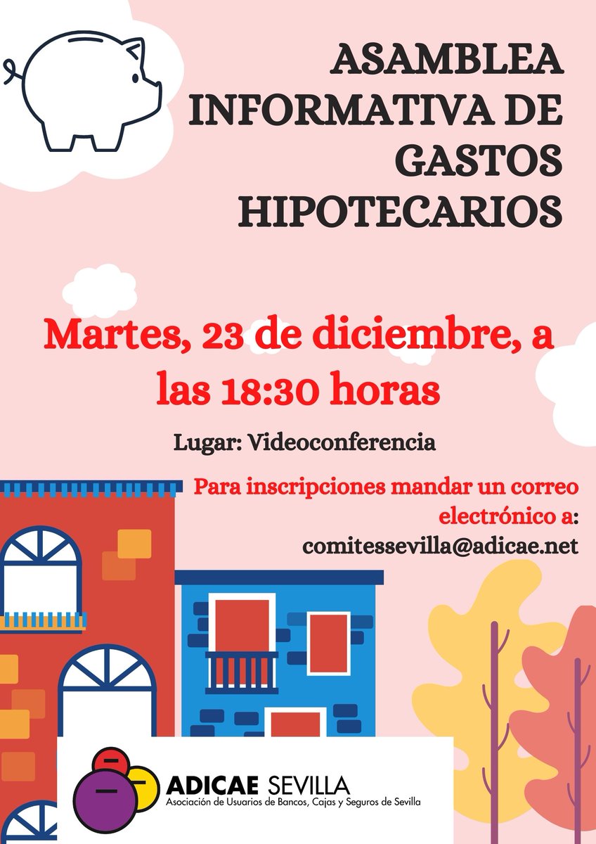 Consumo_Sevilla's tweet photo. ‼️‼️Hoy, miércoles 23 de diciembre a las 18:30 horas, desde ADICAE, y a través de videoconferencia (utilizando la aplicación Zoom), se celebrará una Asamblea Informativa sobre gastos hipotecarios y cómo reclamarlos.
‼️‼️Si eres un afectado, inscríbete!: https://t.co/WqyZOf74R4 https://t.co/7Za3ujjY0h