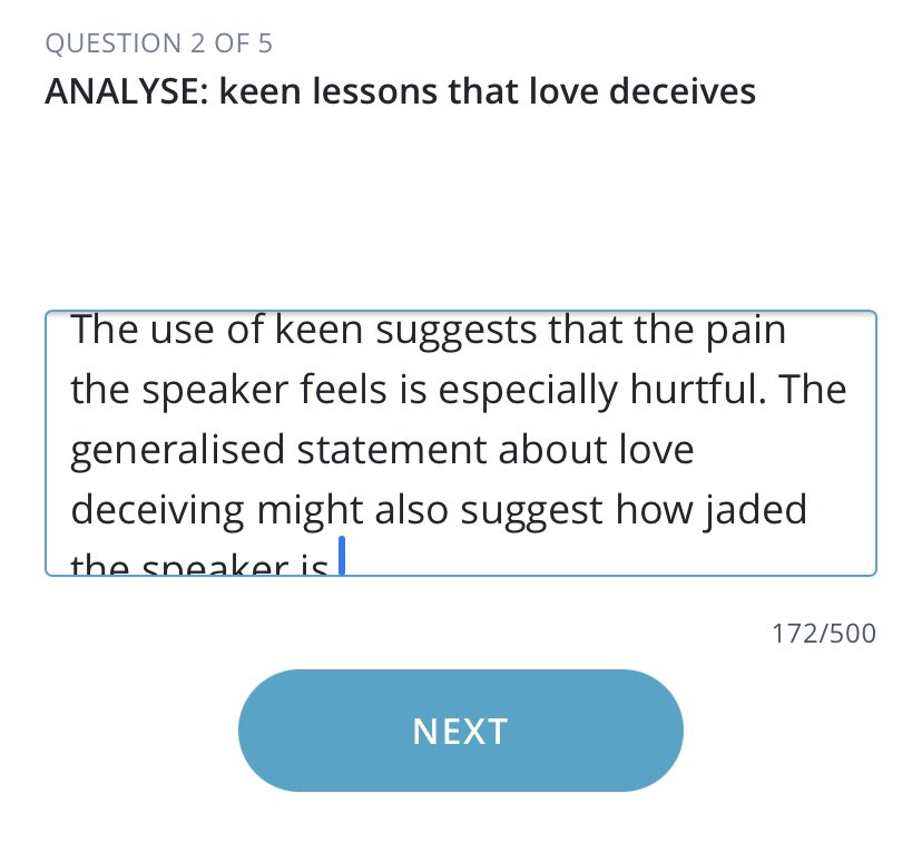 For example a student might be met with a question like thisHere the student is prompted to analyse that specific image in much the same way they might in a full essay. Perhaps they might write something like the below: /3