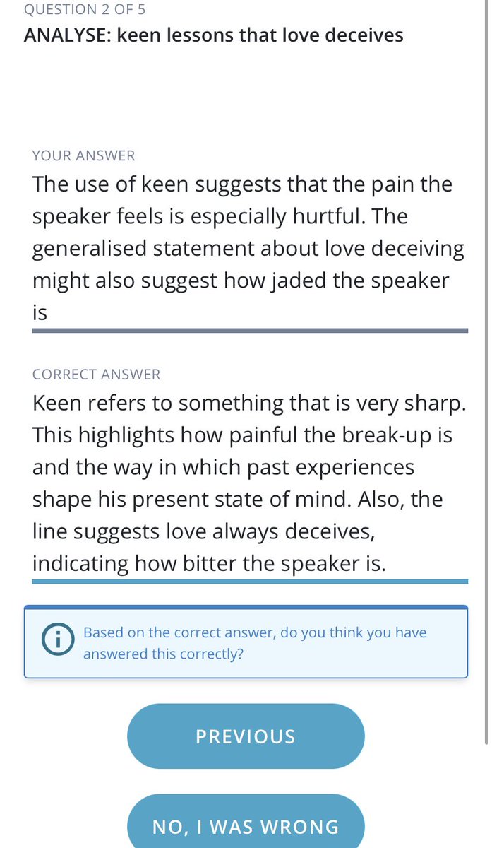 When they then come to see the results you can input a ‘model’ response for them to self assess. Here’s the student’s view: /4