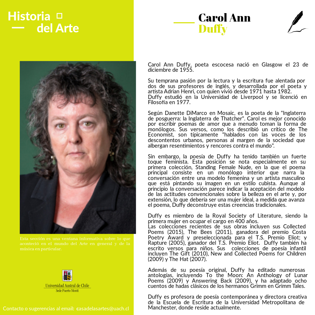 casartes_uach's tweet photo. Desde la Casa de las Artes UACh-Sede Puerto Montt, nuestra sección Historia del Arte..Sabías que un día como hoy...
#Efemerides 
#CarolAnnDuffy 
#escritora
#poeta
#England 
#Scottish   
#writter
#femalewritter
#FelizMiercoles https://t.co/Z5UJiPoajn
