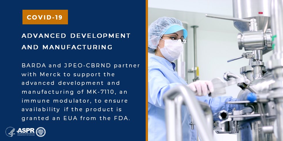 BARDA (@barda) on Twitter photo A new partnership w/ <a href="/Merck/">Merck</a> & <a href="/JPEOCBRND/">JPEO-CBRND</a> supports advanced development & scale-up manufacturing of an investigational new drug that's a potential 1st-in-class treatment for hospitalized #COVID19 patients to accelerate recovery & increase patient survival. medicalcountermeasures.gov/newsroom/2020/… A new partnership w/ <a href="/Merck/">Merck</a> & <a href="/JPEOCBRND/">JPEO-CBRND</a> supports advanced development & scale-up manufacturing of an investigational new drug that's a potential 1st-in-class treatment for hospitalized #COVID19 patients to accelerate recovery & increase patient survival. medicalcountermeasures.gov/newsroom/2020/…