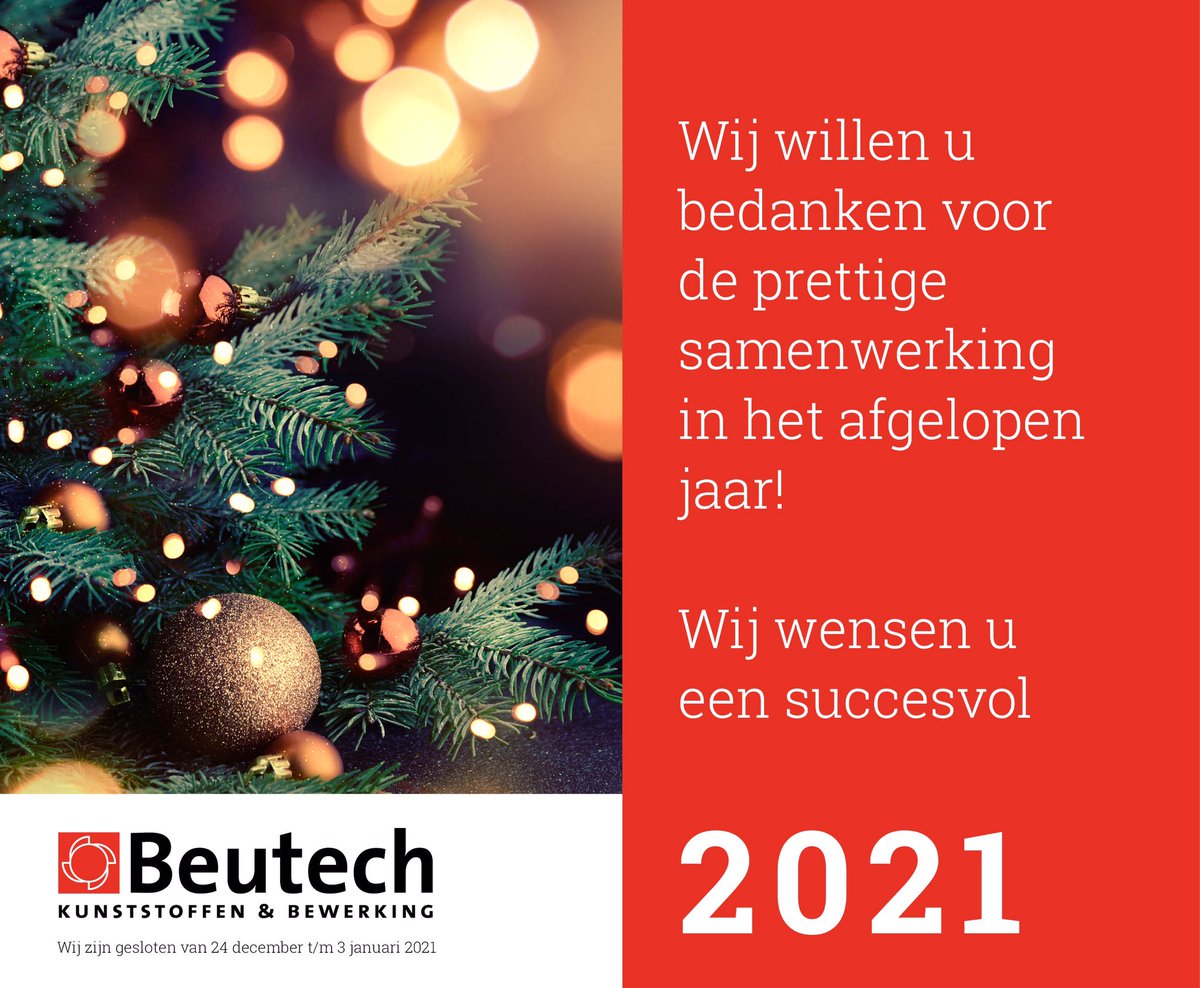 <a href="/Beutech/">Beutech K & B</a> wenst u fijne feestdagen en vooral een gezond &amp; gelukkig 2021. Wij zijn gesloten van 24 december t/m 3 januari 2021.