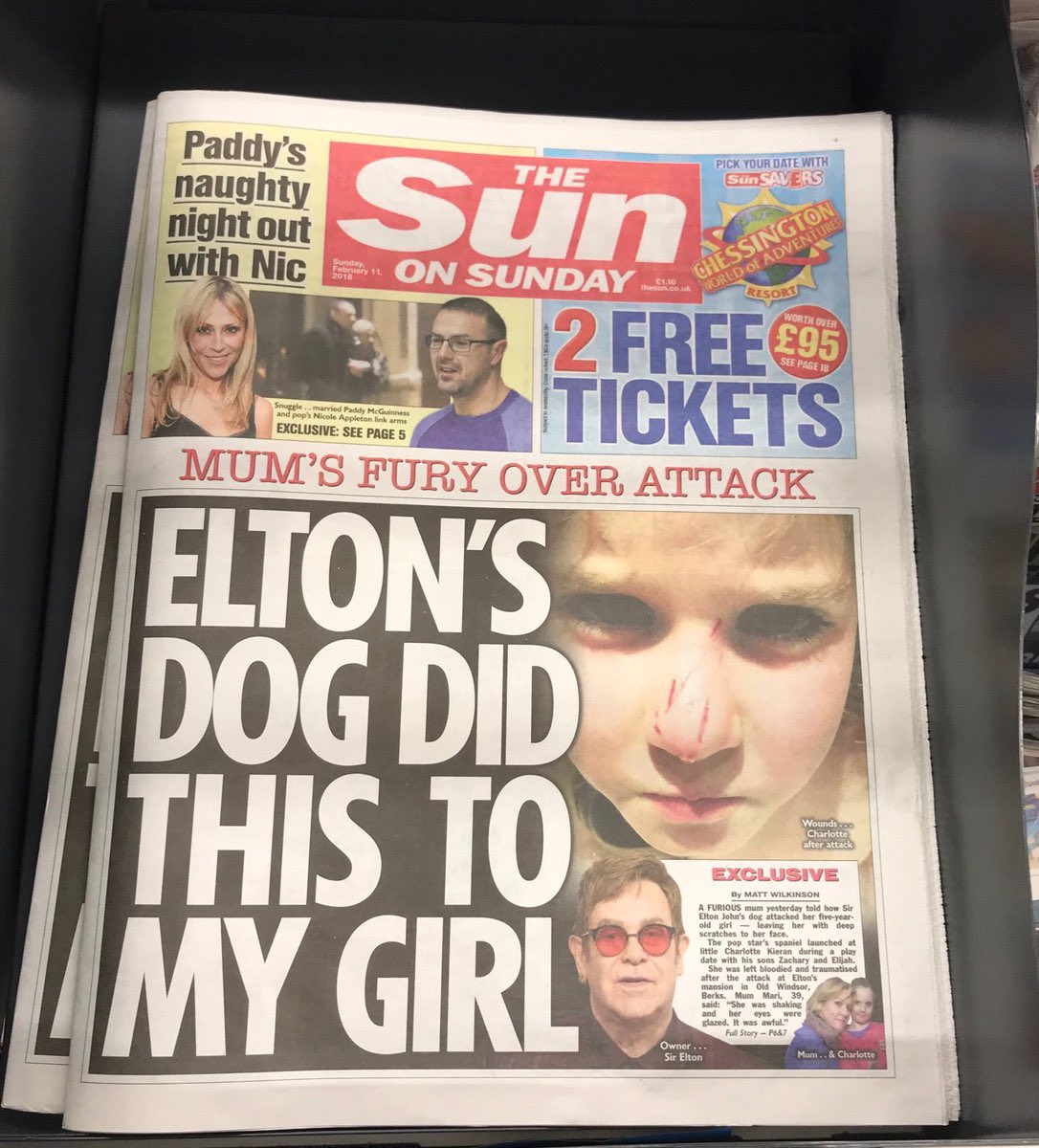 In 2018, The sun AGAIN published a story on Elton John and his husband that was not true, the article described an incident at their home in which a young girl on a play date was allegedly attacked by their dog and left with “Freddy Krueger-like injuries”