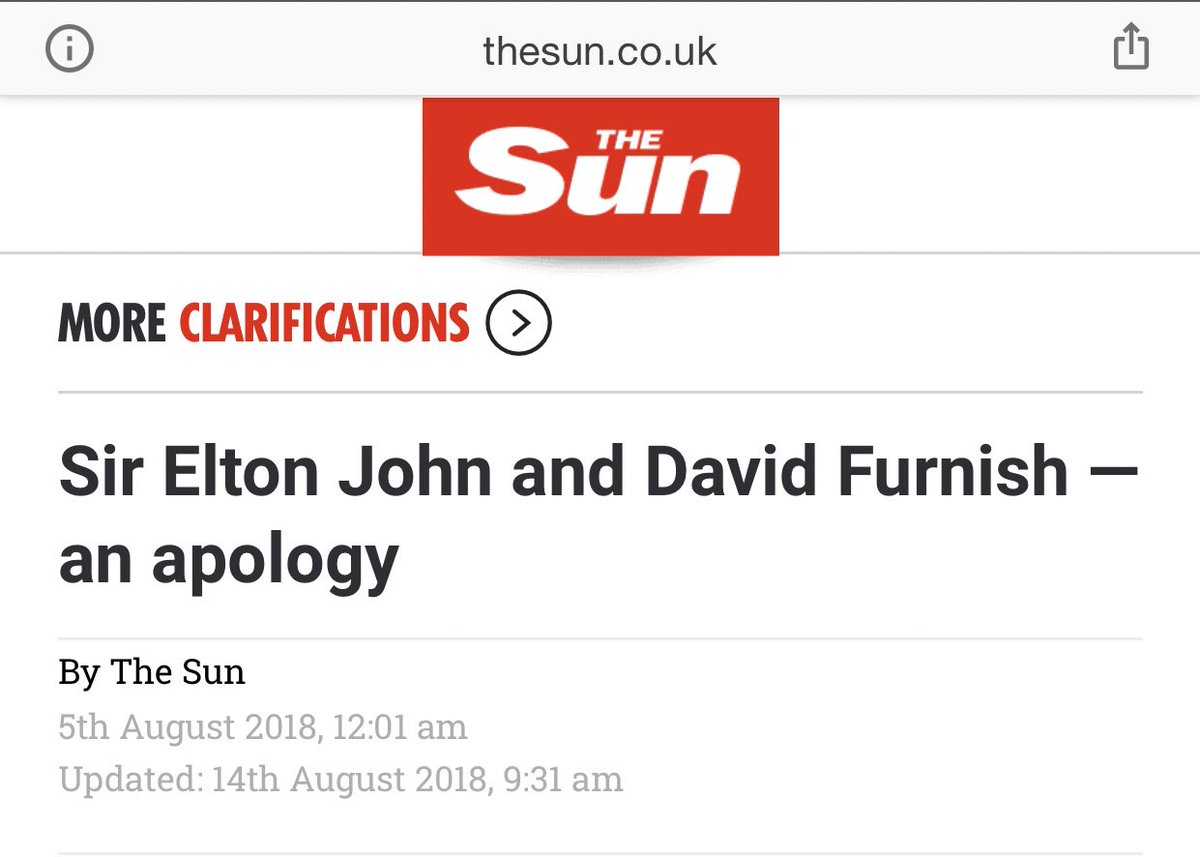 The story was not true, and The sun AGAIN issued an apology and paid for damages and Elton’s legal costs.
