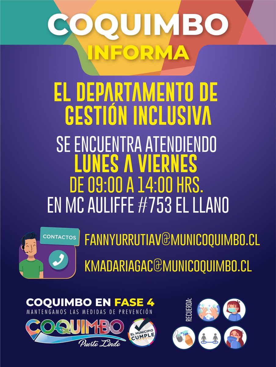 👉🏻 📧 Vecin@s, les recordamos que nuestr@s funcionari@s del Departamento de Gestión Inclusiva están atendiendo de manera presencial de lunes a viernes, además mantienen disponibles las siguientes direcciones de correo para dar respuesta a sus requerimientos. Más información 👇🏻