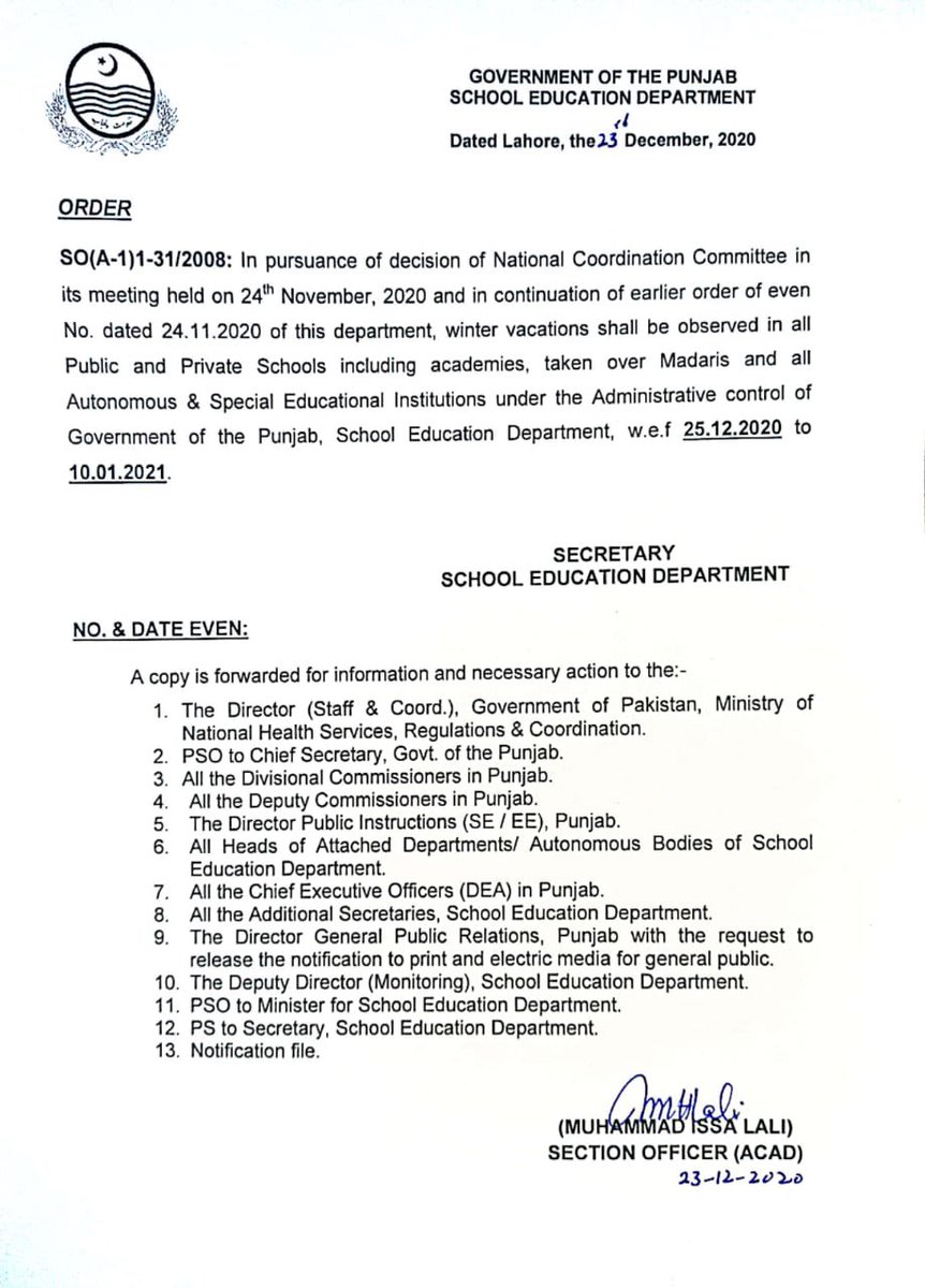 NOTIFICATION: All Public, Private schools and all Educational Institutions  of Punjab to remain closed for Winter vacations starting December 25th,  2020 to January 10th, 2021.