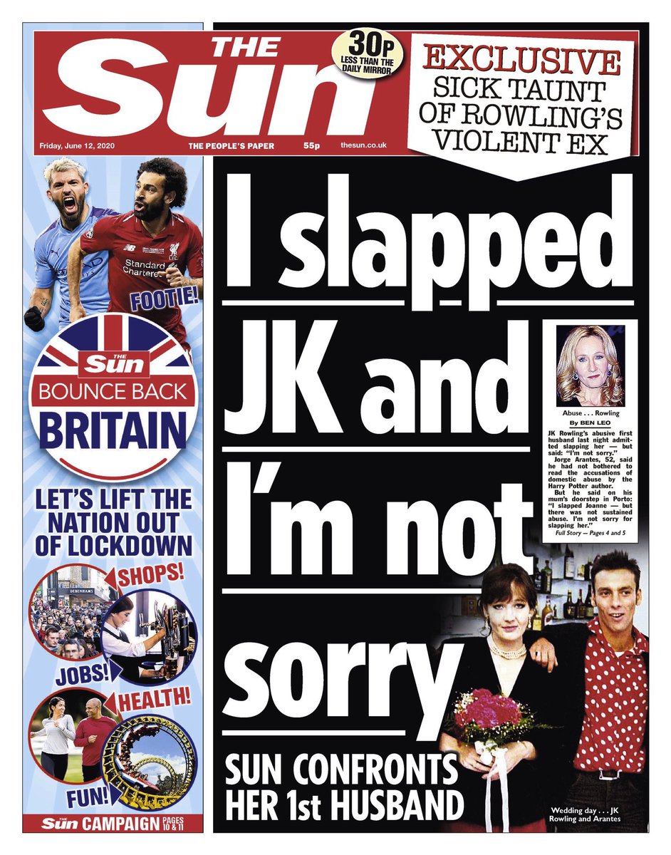 In 2020, JK Rowling wrote about her previous marriage on her blog and called it “violent”, the sun then interviewed her husband and published an article titled “I slapped JK and I’m not sorry” many DV charities and politicians criticized this for how badly they handled it.