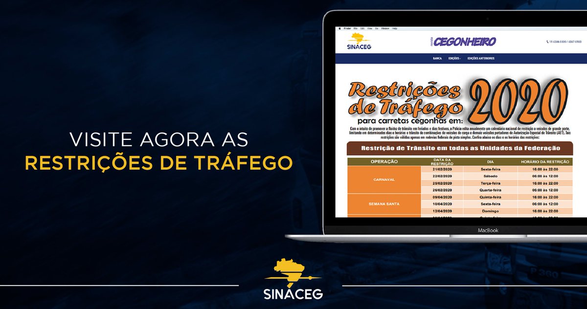 Atenção, cegonheiro! Entramos no clima de Natal e festas de fim de ano, mas fique atento às restrições de tráfego: sinaceg.com.br/wp-content/upl…

#sinaceg #caminhao #cegonheiros #sp #estrada