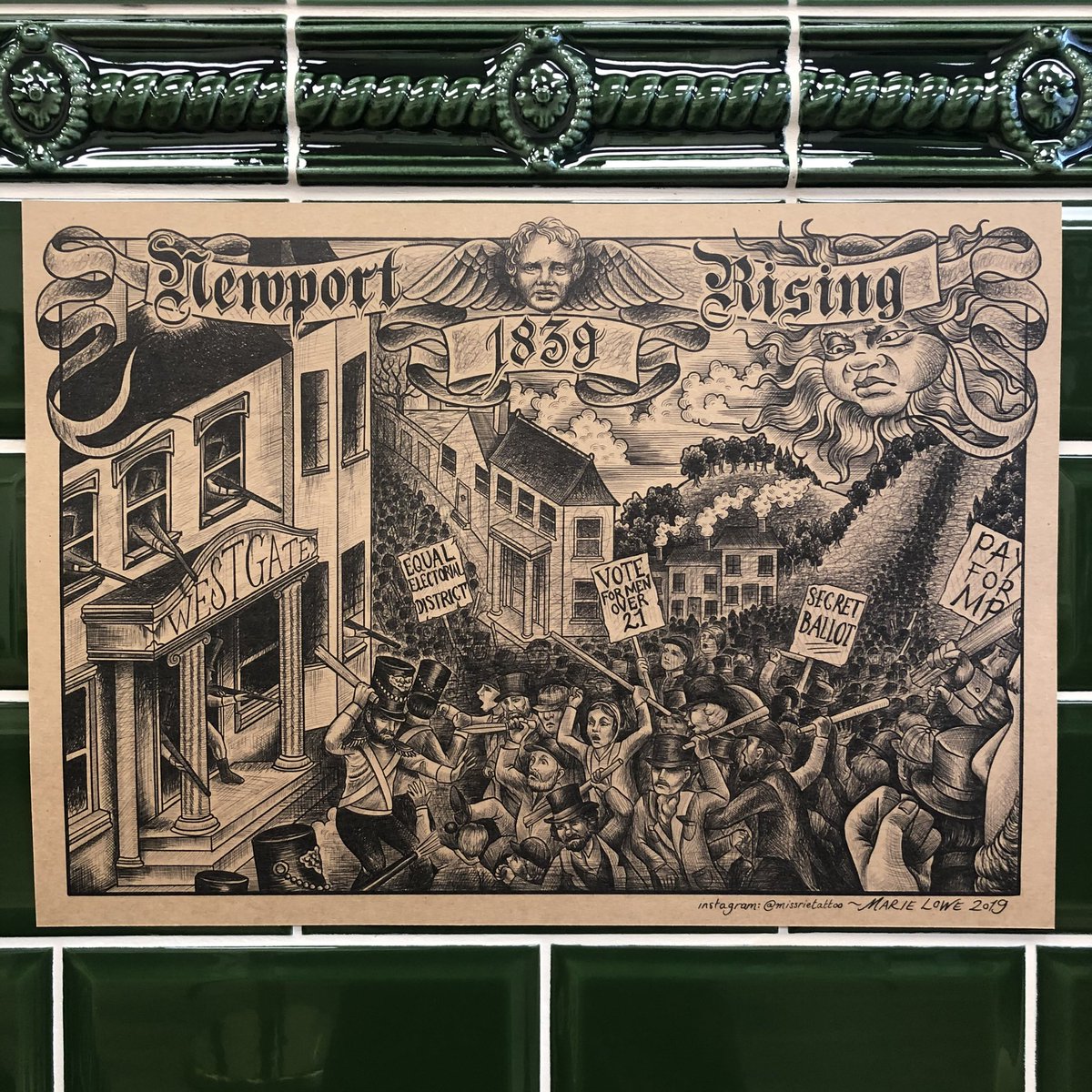 MissRieTattoo's tweet photo. @artsnewydd @WomenOfNewport @NewportRising @westgatehotelNP Apologies for late reply! I did indeed, a mural inside the Westgate and a print for Our Chartist Heritage ♥️ https://t.co/7p1tEeTr0N