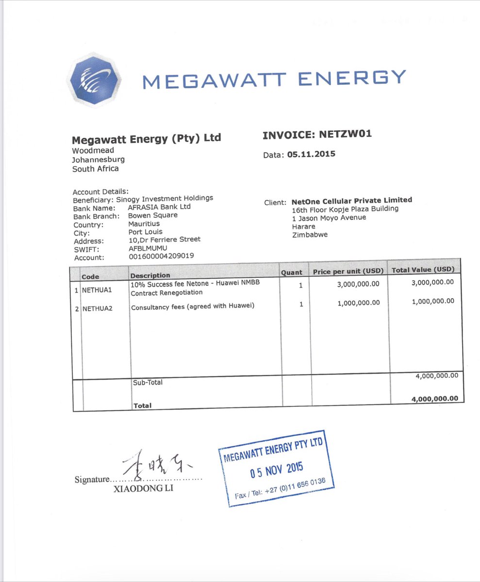 3. Even though mandate letter states that the consultancy service was to be pro bono ( for free), ex-ICT Minister on 30 Oct 2015, directed  @NetOneCellular to make an unbudgeted payment to Mr Li Xiaodong’s Co., a whooping US$4m for so-called consultancy services.  @matandamoyo
