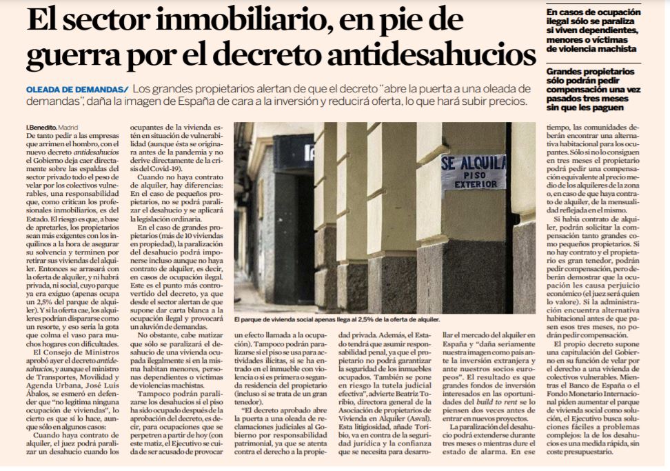 toribiobea's tweet photo. Análisis conciso y claro el de @BeneditoInma en @expansion sobre el decreto #antidesahucios:
- El Gobierno deja en manos de los propietarios el velar por los vulnerables
- El RDL sí legitima la ocupación ilegal
-No se podrá desalojar a un inquilino vulnerable (más allá Covid) https://t.co/4MFSOsYDSn