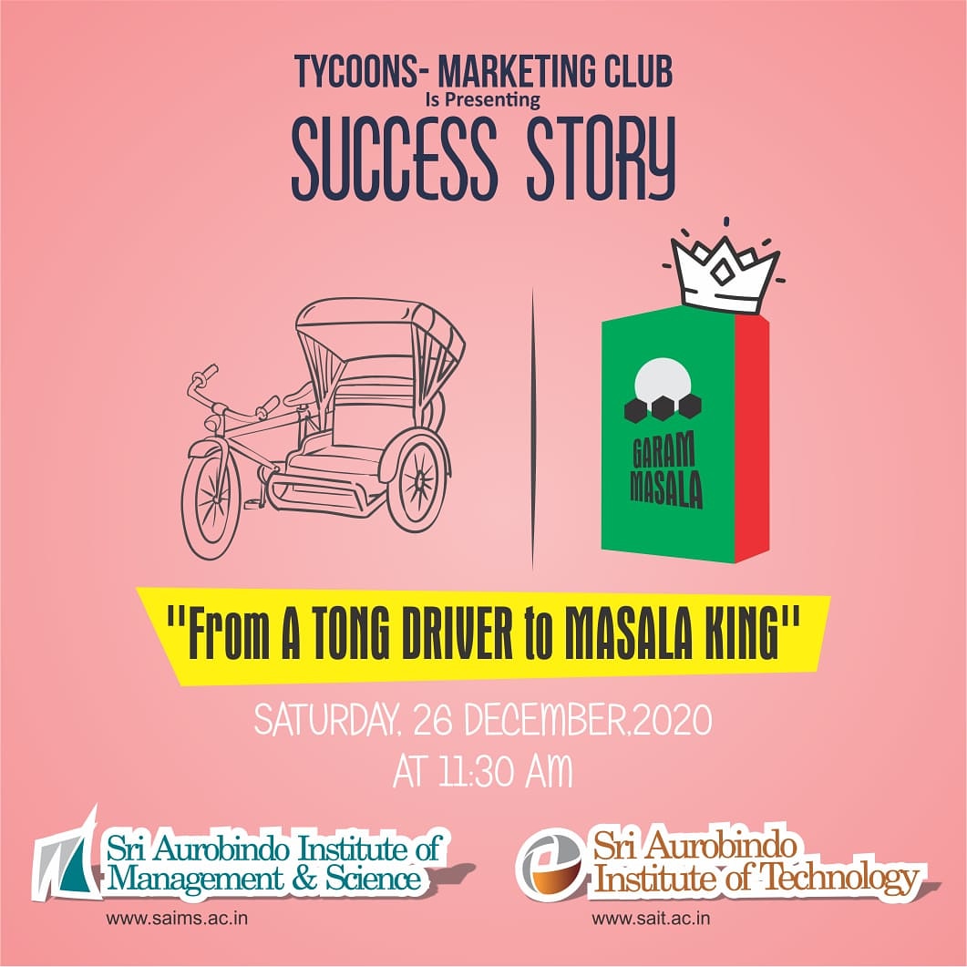 aurobindoindore's tweet photo. TYCOONS-MARKETING CLUB is presenting  the success story of Masala King on Saturday, December 26,2020 at 11.30am.

The google meet link for the session will be shared 20 minutes prior to the session through Googleclassroom and official WhatsApp groups.
Join us https://t.co/V024jCmBQo