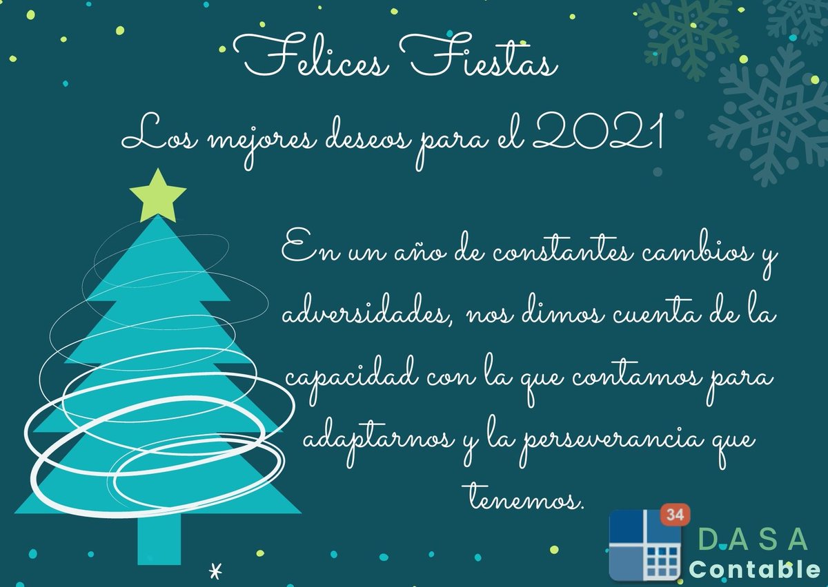 ContableDasa's tweet image. LOS MEJORES DESEOS PARA TODOS USTEDES, LOS QUE YA FORMAN PARTE DE DASA Y LOS QUE FORMARÁN...
BRINDEMOS POR UN AÑO LLENO DE BUENOS MOMENTOS. FELICES FIESTAS Y FELIZ 2021.
LES DESEA DASA DIGITAL BY DASA CONTABLE.