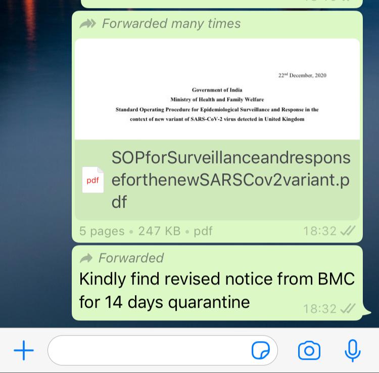 jaythar's tweet photo. @mybmc Dear Team, the video and the govt notifications clearly mention 5-7 days of quarantine for UK returned passengers. However, the hotel now mentions that @mybmc has mandated 14 days of quarantine. Can you help understand this please? @saurabhchawande 1/2 https://t.co/NPBwbNd1u9