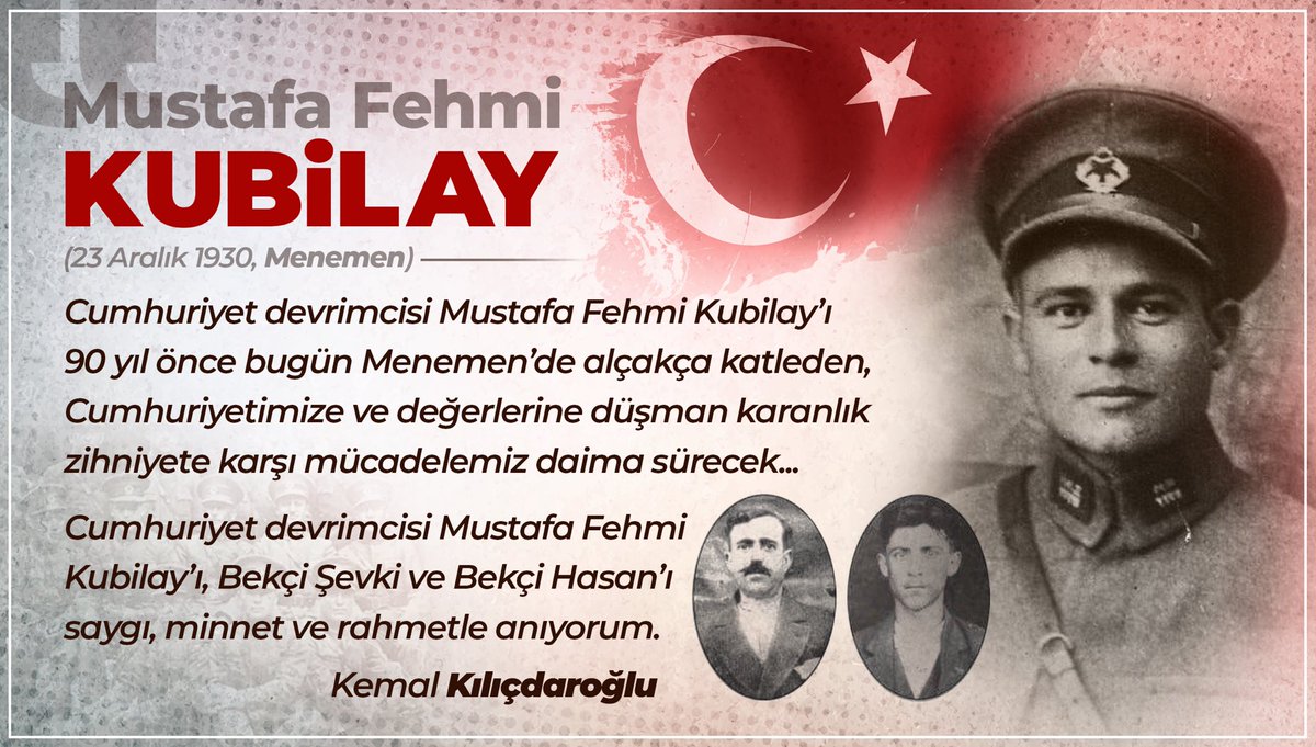 Cumhuriyetimize ve değerlerine düşman karanlık zihniyete karşı mücadelemiz daima sürecek... Cumhuriyet devrimcisi Mustafa Fehmi #Kubilay’ı, Bekçi Şevki ve Bekçi Hasan’ı saygı, minnet ve rahmetle anıyorum.