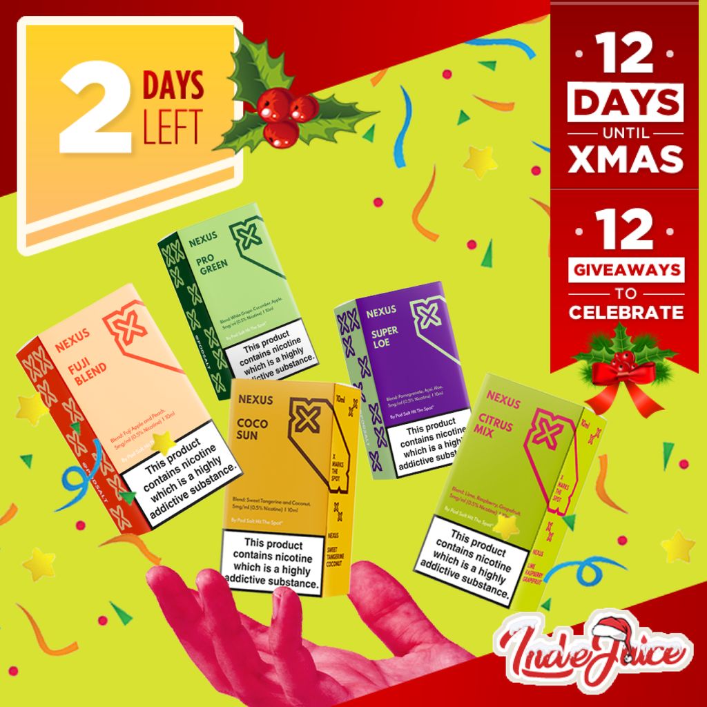 Day 11/12 XMAS Giveaways! <a href="/IndeJuice/">IndeJuice</a> <> <a href="/podsalt/">Pod Salt</a> are giving EACH of the 3 lucky winners 5 Nic Salt Flavours from their amazing new Nexus Range! 

To Enter: 
1. Follow <a href="/IndeJuice/">IndeJuice</a> &amp; <a href="/podsalt/">Pod Salt</a> 
2. Like this post 
3. Tag some friends/Retweet

Merry Christmas Everyone!