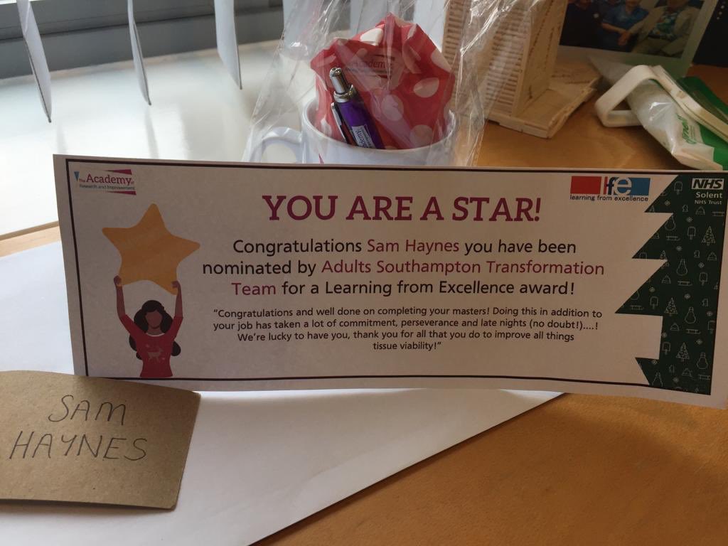 Thank you so much for this award ⁦@solentacademy⁩ ⁦@CJadams80⁩ ⁦@AdultsSotonNHS⁩ I’m currently off work for a short time, looking after my mum after her bone marrow transplant. This has given me a huge boost thank you ❤️#learningfromexcellence