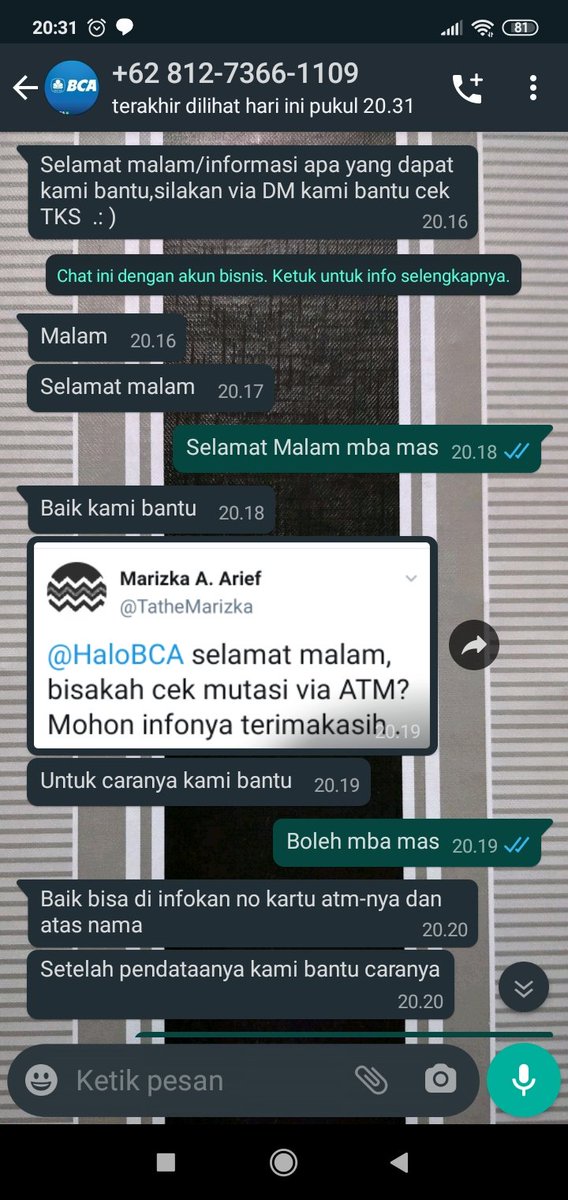Selamat Malam <a href="/HaloBCA/">Halo BCA</a> apakah ini nomor resmi BCA? Setelah saya tweet mereka langsung WA saya dan telpon minta data2 saya. Tapi saya gak berani kasih info apa2 karena tidak meyakinkan. Mohon info. Terimakasih.