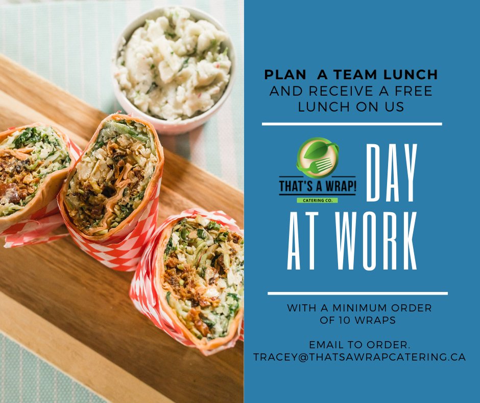 Get a free lunch with  WRAP DAY!

If you order a minimum of 10 wraps, we will give the coordinator their lunch for free! Go ahead, coordinate a lunch for the office and get a reward! 

#thatsawrap #thatsameal #thatsafoodie #ptbo #lunchatwork