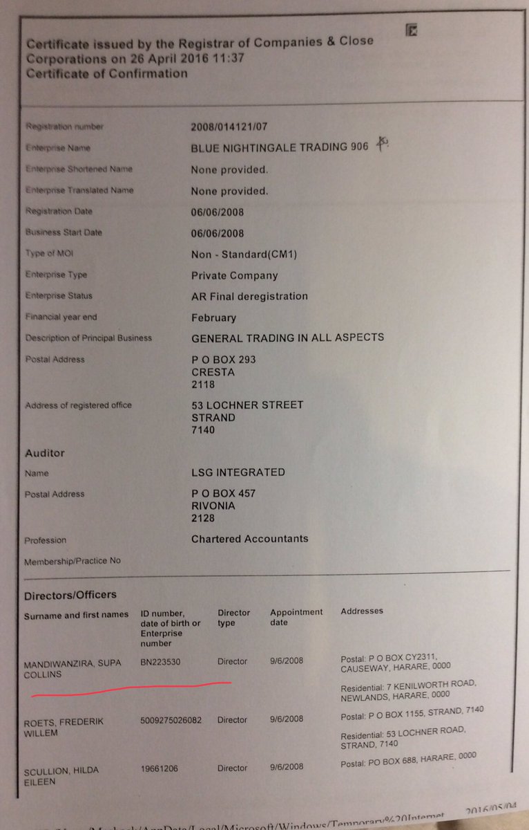 9. Ex-ICT Minister was at of April 2016, a Director of Blue Nightingale Trading, also registered in South Africa.  @matandamoyo  @MoJLPA  @ZACConline  @thabani_vusa