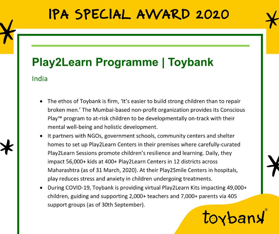 opentree_india's tweet photo. Toybank is among 23 global organizations recognized by @IPA_World for upholding #RightToPlay. Being recognized for demonstrating how we have respected, protected & promoted #play during #COVID-19 has further motivated us to keep #PushingPlayForward, no matter what.
@IPAindiaplay https://t.co/hs4XRwCFPJ